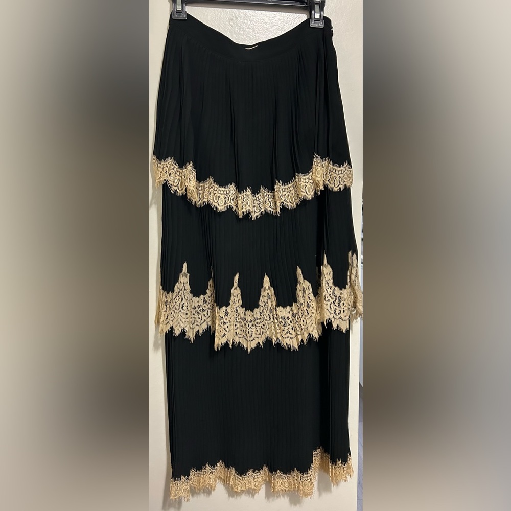 Champagne & Strawberry Black & Cream Pleated Layered Lace Maxi Skirt